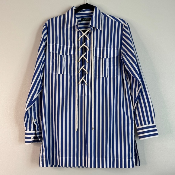 Ralph Lauren Tops - Ralph Lauren Blue White Tunic Striped Shirt Stripe Stripes Henley Pockets Cuffs
